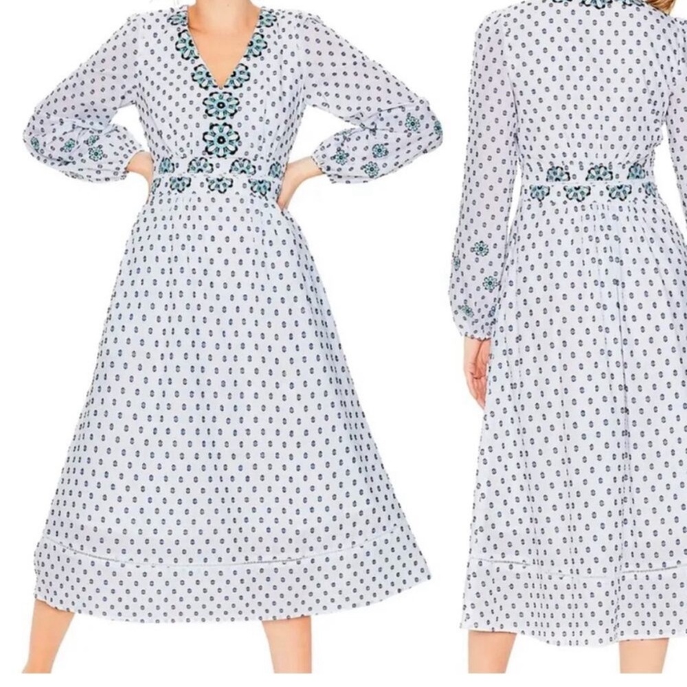 Biden | Womens Flossie Midi Embroidered Dress White & Blue Textured Floral VNeck